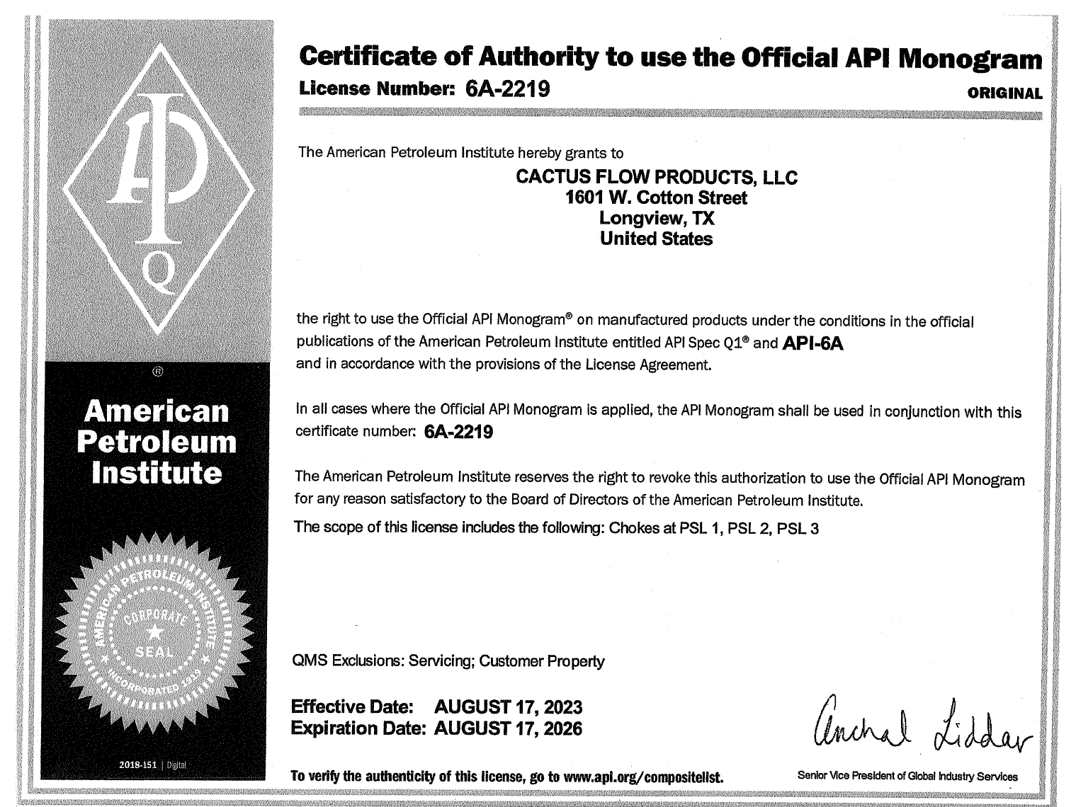 Front cover of API 6A Certification