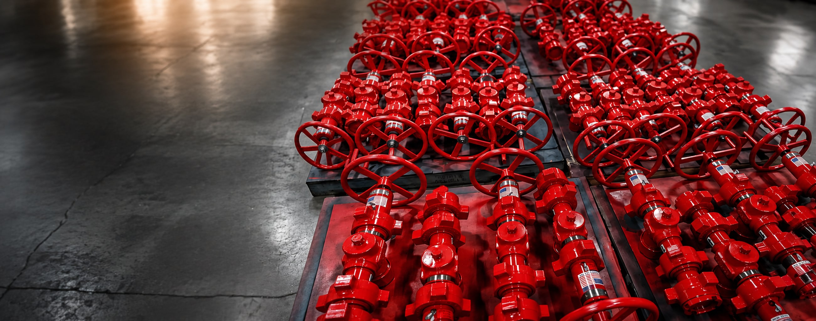 Red target choke assemblies staged on a shop floor